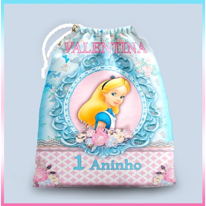 10 sacolinhas personalizada tecido ALICE MARAVILHAS  lembrancinhas de festa de aniversario 30cmx20cm