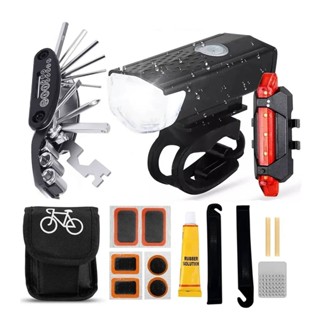 Kit De Reparo E Remendo Para Bike Manutenção Com Chave Allen + Farol Bike Luz Led Usb 300 Lumens Sinalizador Traseira