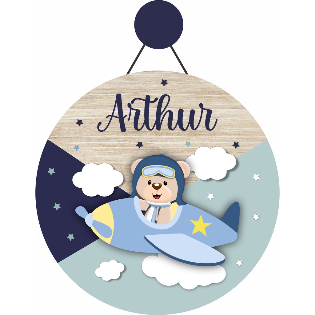 Enfeite Porta Maternidade Urso Aviador, Avião, Ursinho - Nome personalizado - Decoração para quarto!