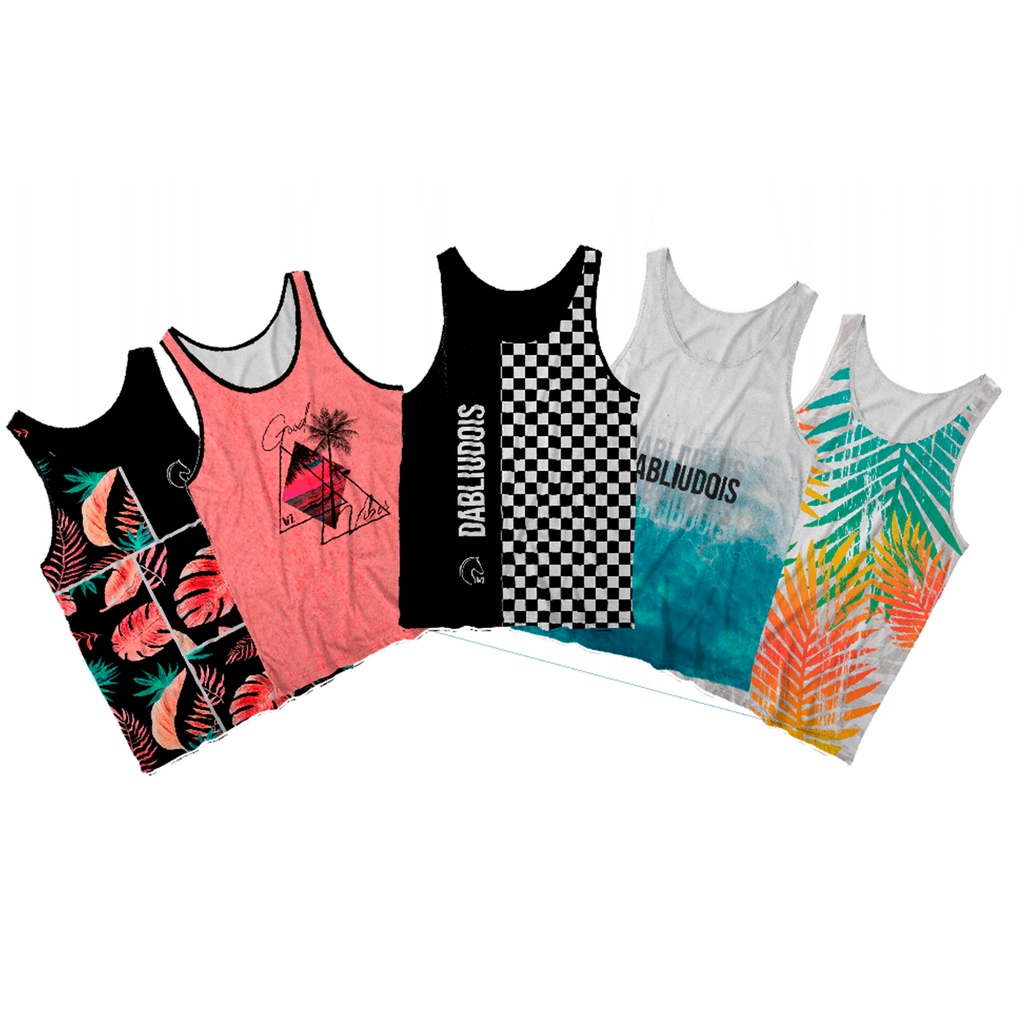 Camiseta Regata Masculina Estampada Florida Azul Preta Branca Rosa Moda Verão Praia Treino Dryfit Academia Casual