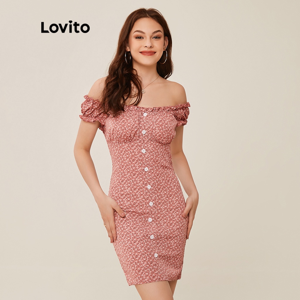 Lovito Vestido Frontal Fofo Com Babado Romântico L20D282 (Rosa)