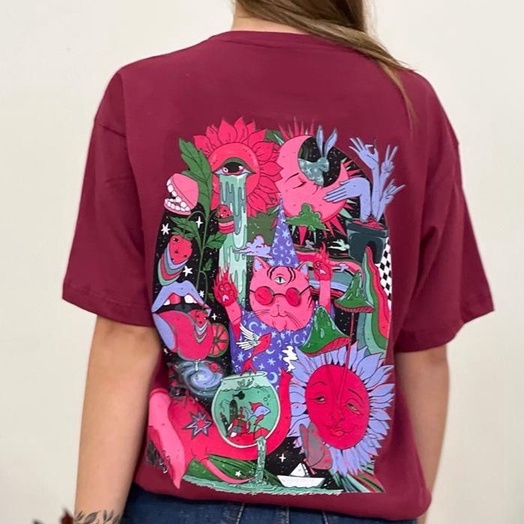 Blusa Camiseta Feminina Algodão Gato Mago - Marsala - Frente e Verso