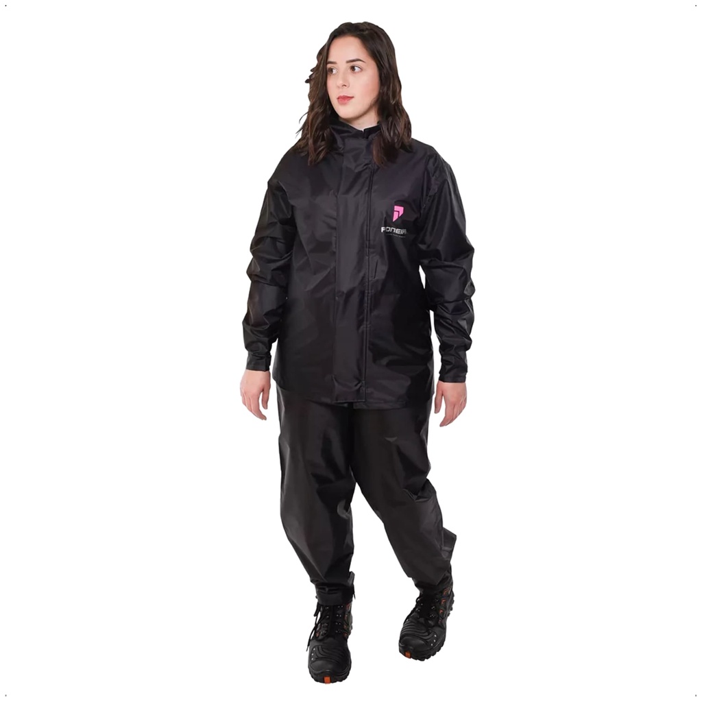 Conjunto Capa de Chuva Feminino Tamanho GG Preto Impermeável Motoqueiro Nylon 0,20mm Pioneira - 1801-F-PRE-GG