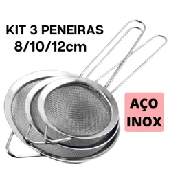 Kit 3pçs Peneira Coador Em Aço Inox Para Cozinha - 3 Tamanhos P M G 8/10/12 cm