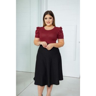 kit Saia Preta Gode Midi Rodada e Blusa Manga Bufante Princesa Malha Canelada Moda Feminina
