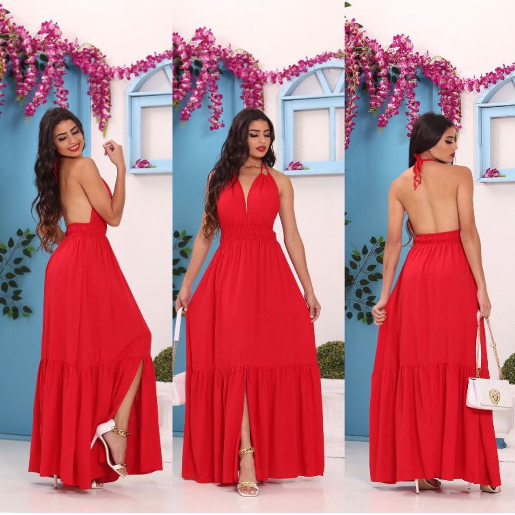 Vestido Longo Feminino Costa Nua Amarração no Pescoço Viscolinho ...