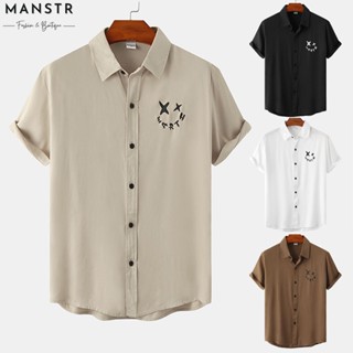 Tendência Da Moda Dos Homens De Manga Curta Camisa Impresso Cidade Coreana Slim Fit Casual De Algodão StreetWear Cáqui/Marrom/Preto/Branco