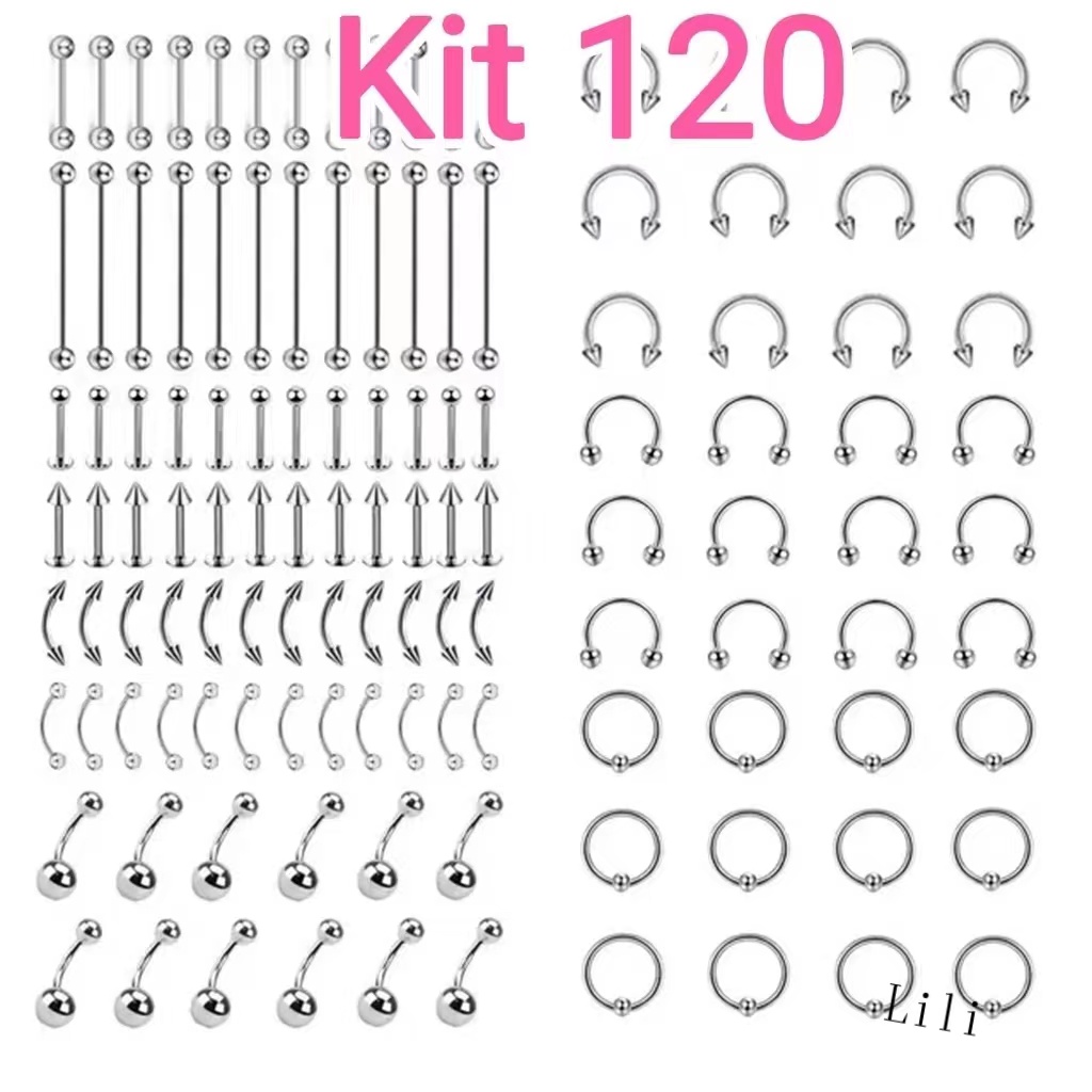 120Pçs Piercing aço cirúrgico perfurado língua sobrancelha umbigo  ferradura nariz lábio anel brinco jóias do corpo em Oferta na Shopee