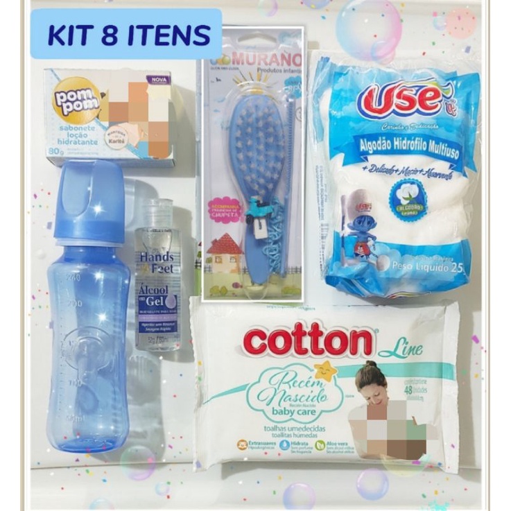 Kit higiene alimentação do bebê 8 itens essenciais mamadeira lenço umedecido sabonete álcool gel pente escova algodão presente chá de fraldas enxoval
