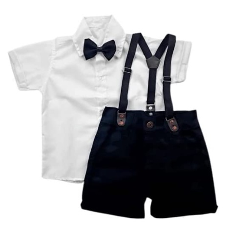Conjunto temático Chefinho Social 4 pçs Kit Camisa, bermuda, suspensório e Gravata Aniversário