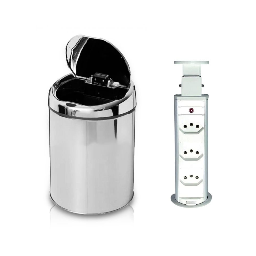 Kit Lixeira Automática com Sensor 3 Litros NKF e Torre Multiplug 3 Tomadas - Home & Living