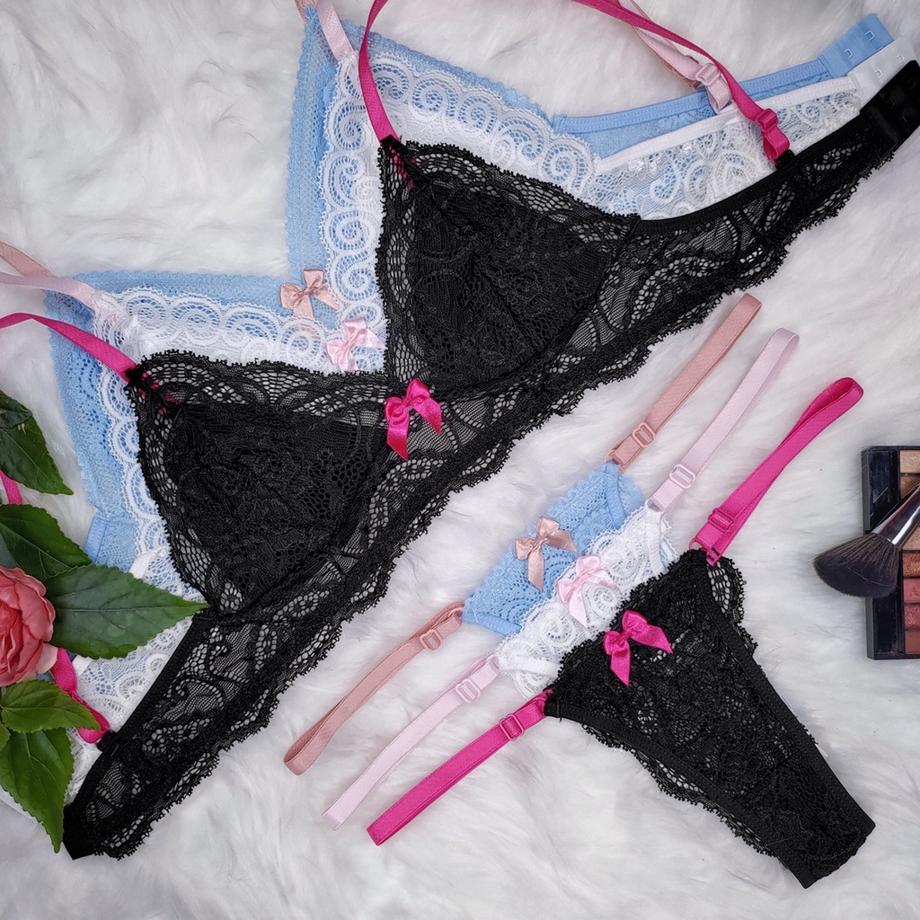 Conjunto Lingerie Renda Bicolor Sutiã Sem Bojo Com Forro Calcinha com Regulagem String Angelina em Oferta na Shopee