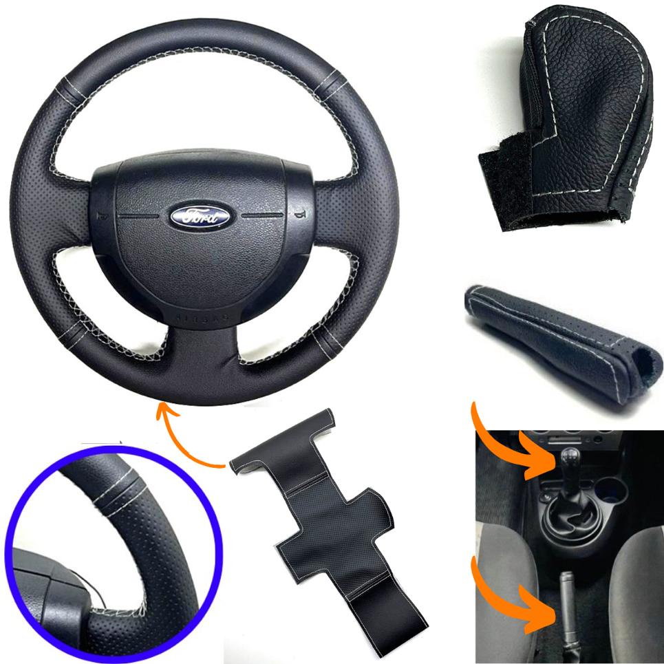 Kit capas couro Manopla câmbio e Freio e revestimento do volante Ford Fiesta 2008 2009 2010 2011 2012 2013 2014