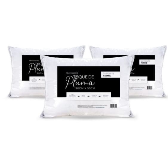 Kit 03 Travesseiros King Toque de Pluma Suporte Firme 180 Fios 90cm x 50cm