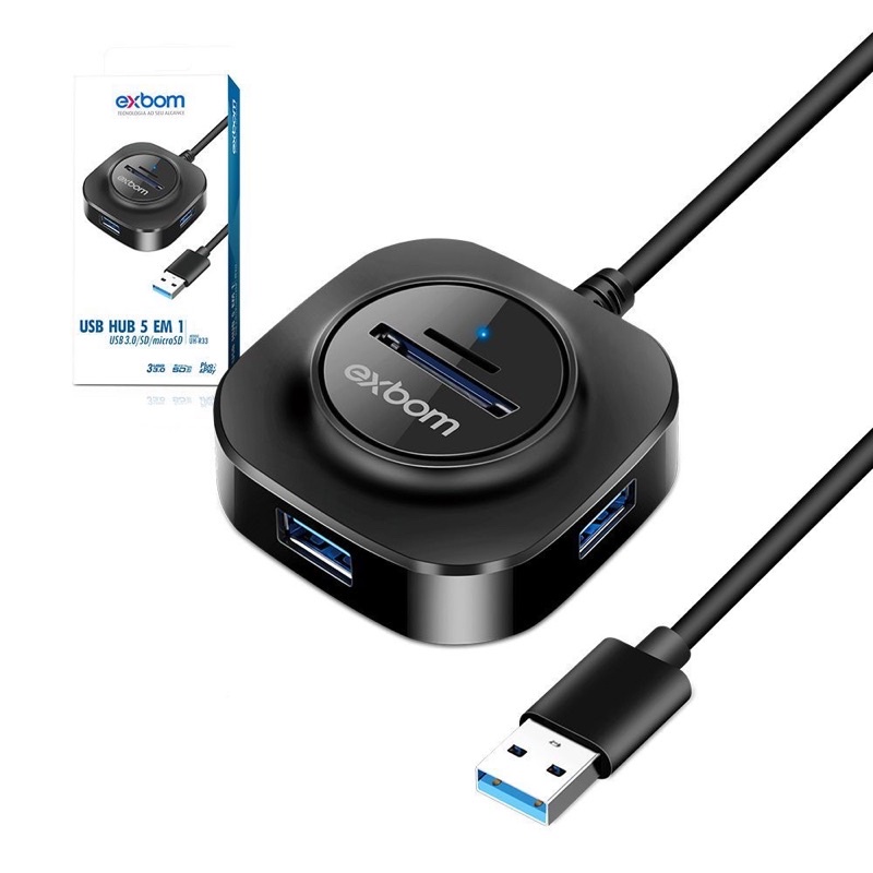 Confira HUB USB 2.0 5Gbps Combo 3 portas c/ Leitor de Cartão e dados UH-R23 smart EXBOM