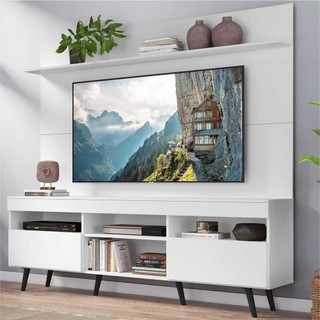 Rack com Painel e Suporte TV 65" Madri Multimóveis Pés Retrô e Prateleira Branco/Preto em Oferta na Shopee