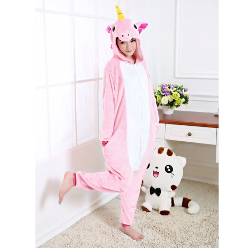 Pijama Feminino Kigurumi Unicórnio Rosa Macacão com Capuz de Frio Roupa de Dormir Peluciado Manga Comprida