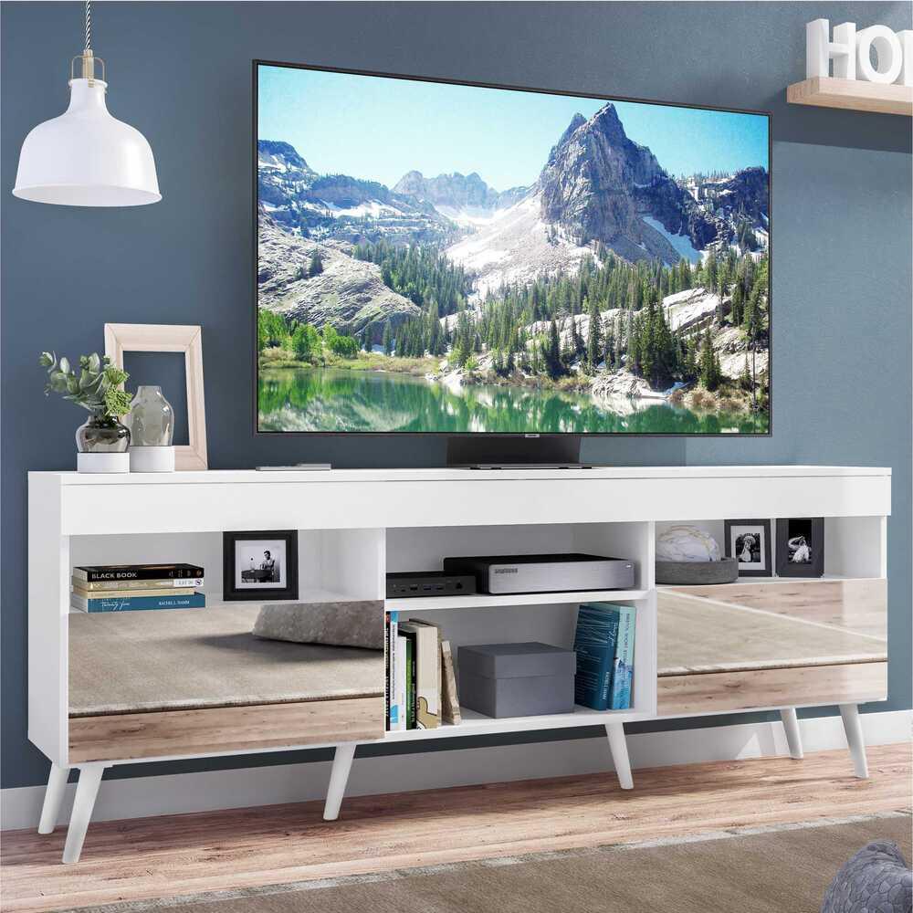 Rack TV 65" com Espelho, Pés Retrô e 2 Portas Paris Multimóveis Branco em Oferta na Shopee