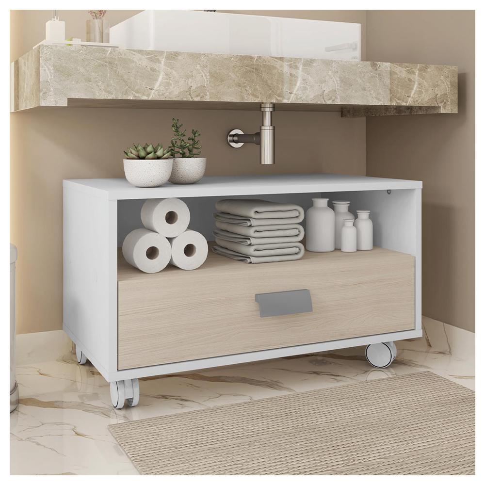 Gabinete Armário Banheiro Com Rodízios Branco Towel Caemmun em Oferta na Shopee