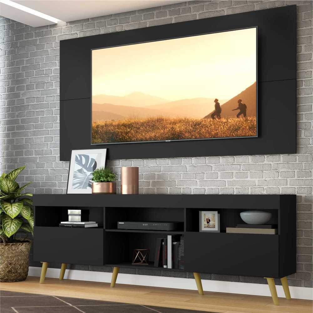Rack c/ Painel e Suporte TV 65" e Pés Retrô Flórida Multimóveis Preto/Natural em Oferta na Shopee