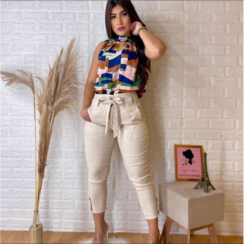 calça Pamtacour linho elastano feminino alfaiataria tendência Skinner capri bolsos e cinto botoes em Oferta na Shopee