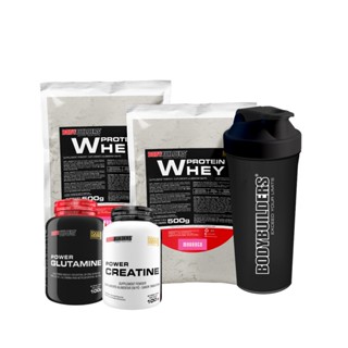 Kit 2x Whey Protein Concentrado em Blend Proteico 500g + Power Creatina 100g + Power Glutamina 100g + Coqueteleira - Construção e Fortalecimento dos Músculos - BodyBuilders