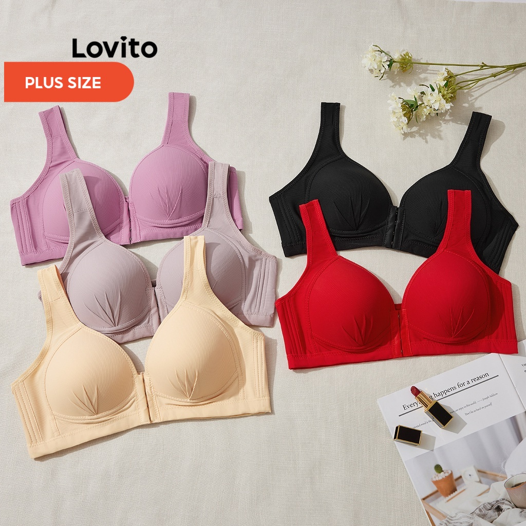 Lovito Sutiã Plus Size Casual Liso Macio Fechamento Frontal com Almofada Irremovivel L31ED025 (Preto/Dormelha/Rosa/Cinza/Vermelho/Rosa Vermelho)