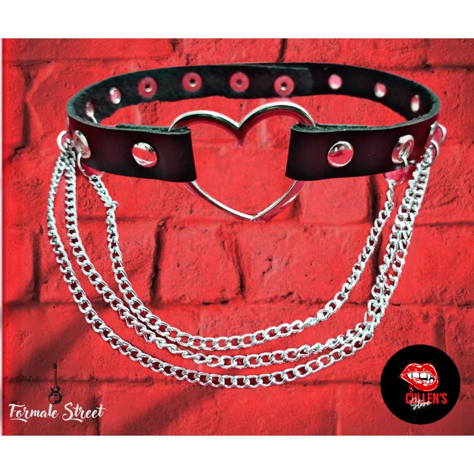 Colar choker duplo preto pingente coração prateado