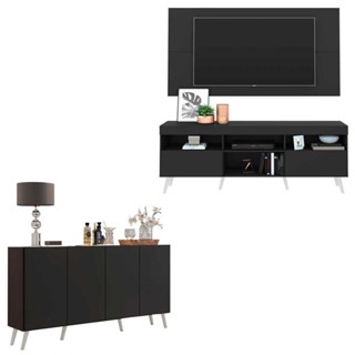 Conjunto Sala de Estar Rack + Painel TV 65" e Aparador Retrô Sofia Multimóveis Preto/Branco