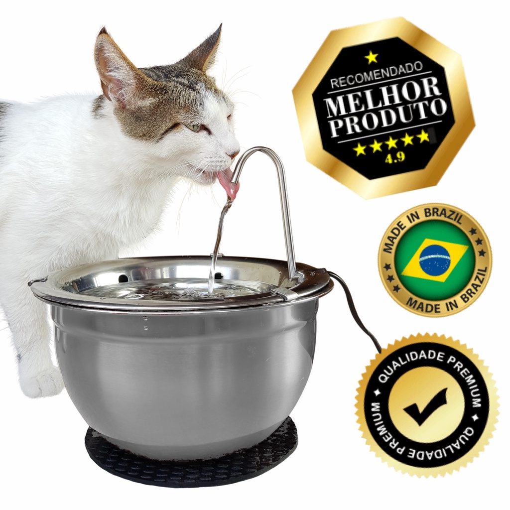 Fonte Bebedouro para Gatos Inox 2L BiVolt com Filtro - Água mais fresca, super fácil de limpar, não cria limo, a mais recomendada do Brasil