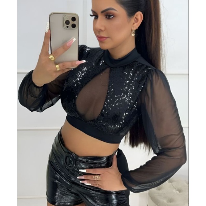 Cropped Feminino De Manga Longa De Tule Com Paetê Moda Balada Estilosa