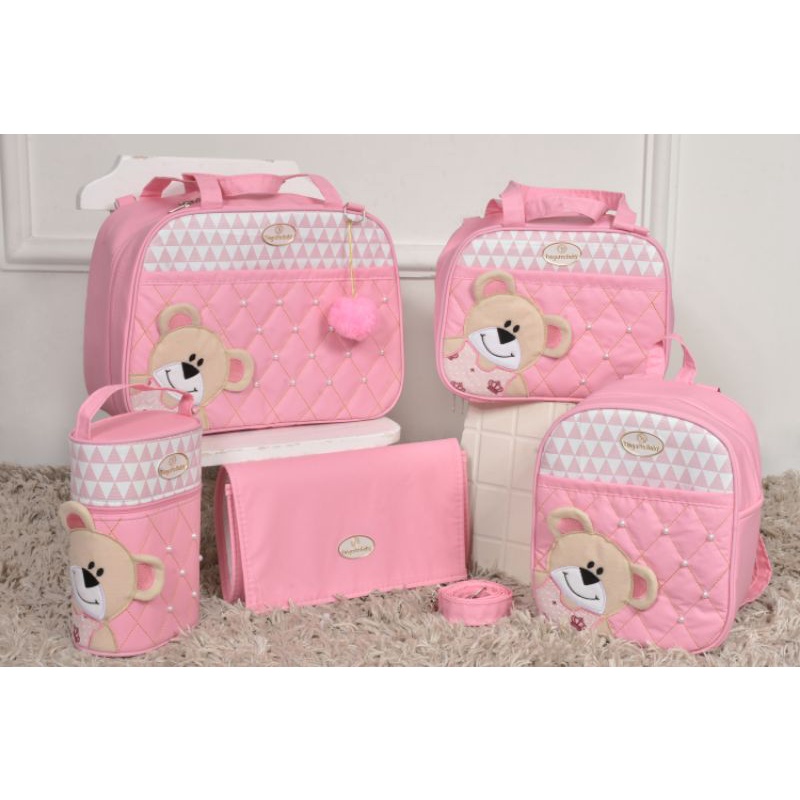 Kit Bolsa de Bebê maternidade Ursa de Lado 5 Peças (Rosa)