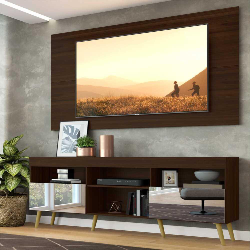 Rack c/ Painel P/TV 65", espelho e pés retrô Flórida Multimóveis Duna/Natural em Oferta na Shopee
