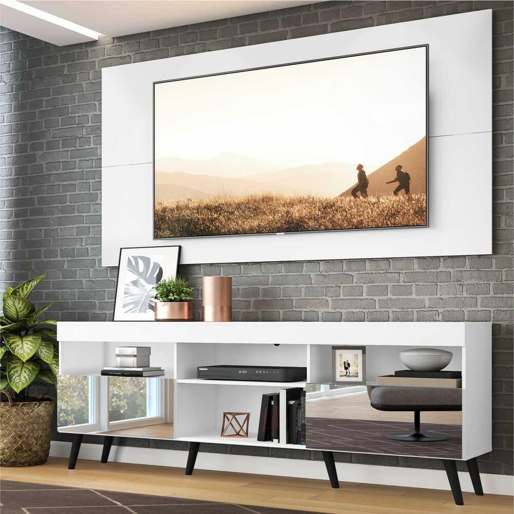 Rack c/ Painel e Suporte TV 65" c/ Espelho e Pés Retrô Flórida Multimóveis Branco/Preto em Oferta na Shopee