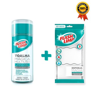 Kit Toalha Magica 38cm x 32cm + Esponja Magia 3 Pcs FLASH LIMP