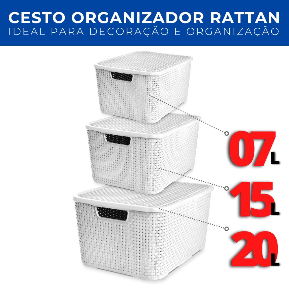 Kit 3 Caixas Cestos Trama Rattan Organizador 7/15/20L PMG