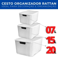 Kit 3 Caixas Cestos Trama Rattan Organizador 7/15/20L PMG
