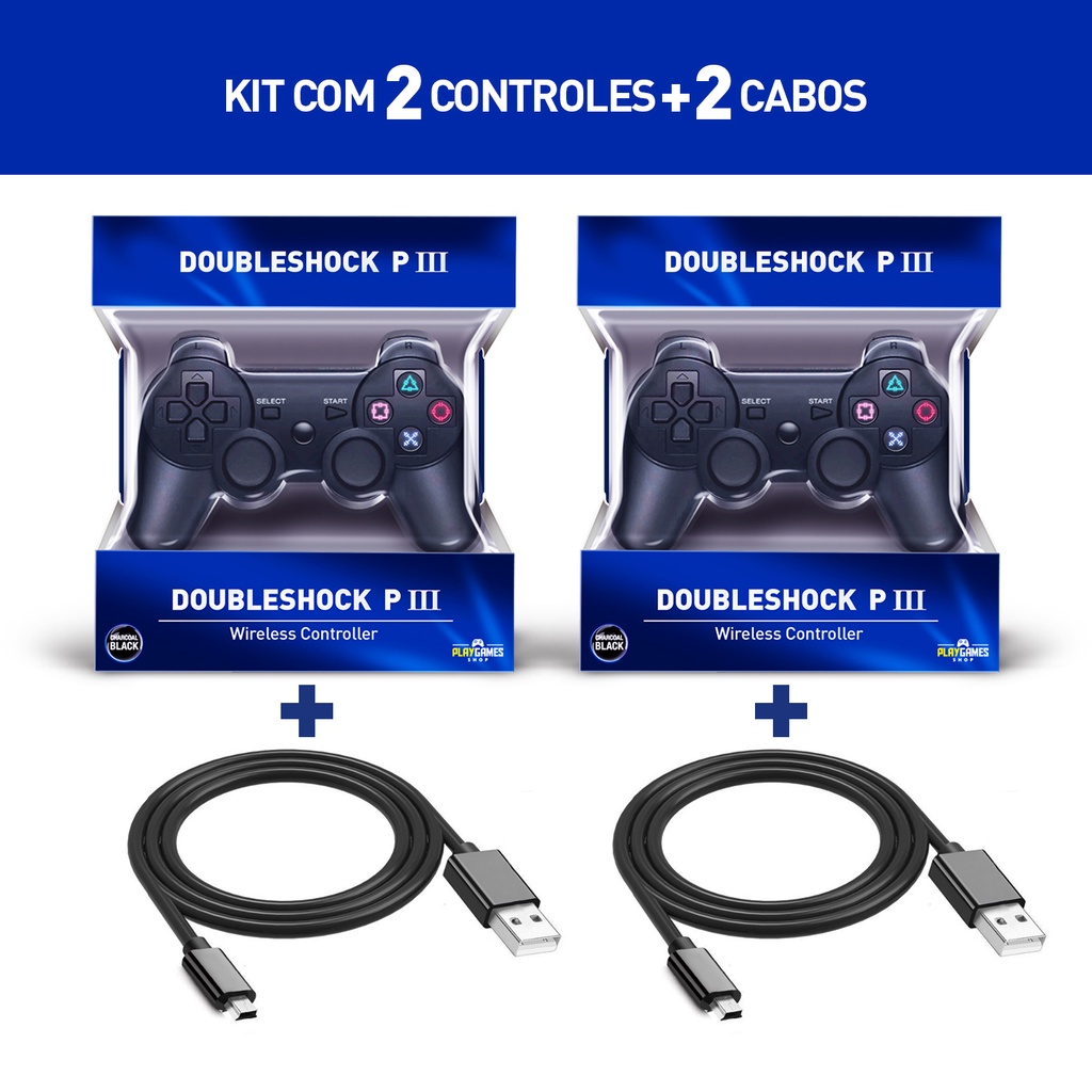 Kit 2 controle joystick sem fio dualshock 3 cabo desconto no pre o