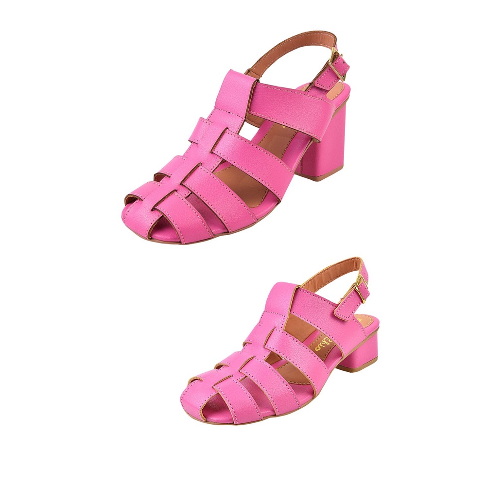 Kit Mãe e Filha Sandália Rosa Pink Salto Alto Grosso Bloco Bico Quadrado Gladiadora Fisherman Bonnie Confortável