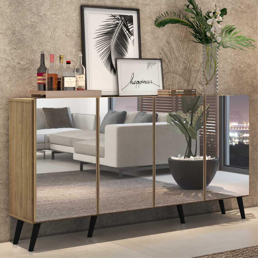 Aparador Buffet 4 portas c/ Espelho e Pés Retrô Vegas Multimóveis Rustic/Preto em Oferta na Shopee