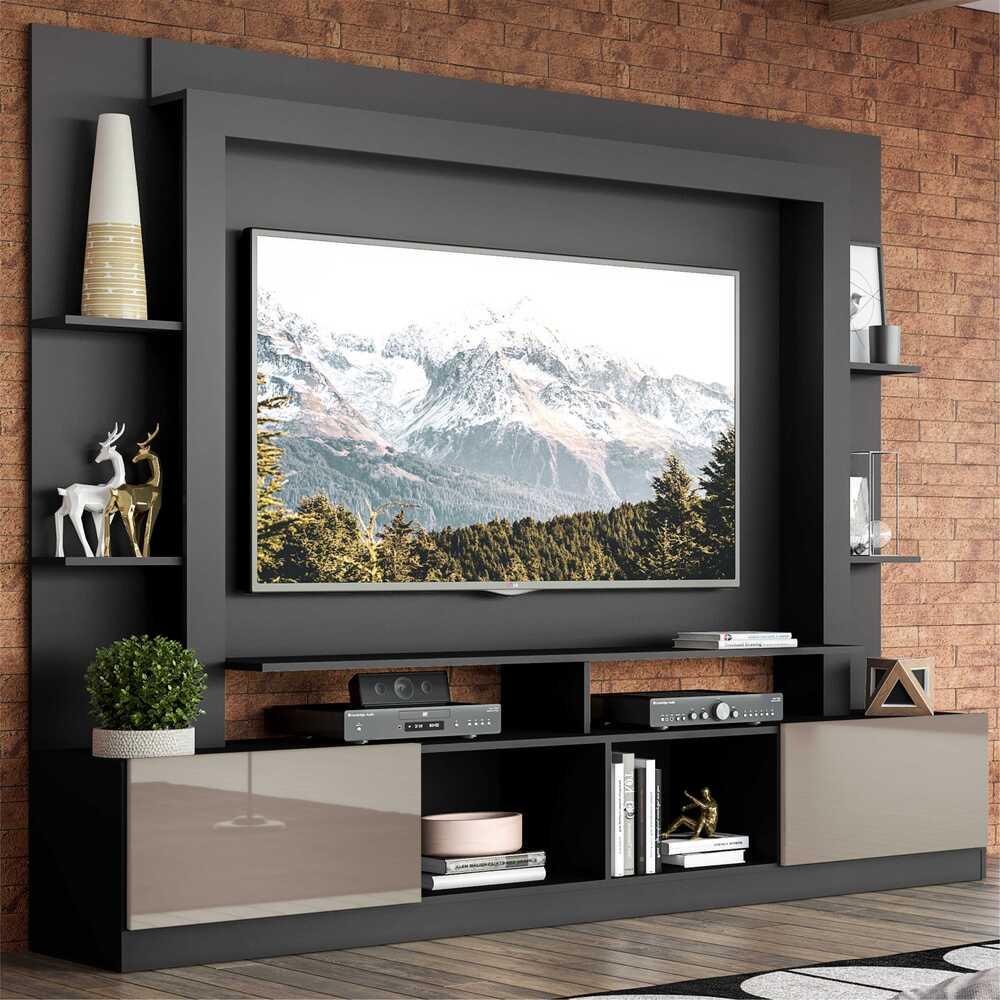 Rack Estante com Painel e Suporte TV 65" e 2 portas Oslo Multimóveis Preto/Lacca Fumê - Home & Living