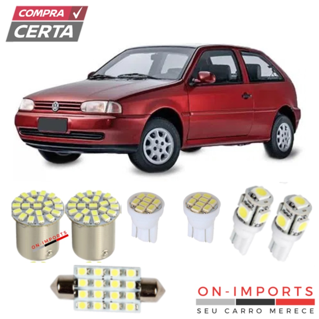 CONJUNTO LED PREMIUM VW GOL BOLA G2 LÂMPADAS RÉ PLACA TETO FAROL FAROLETE MEIA LUZ ESTACIONAMENTO T10 TORPEDO PINGO POLO