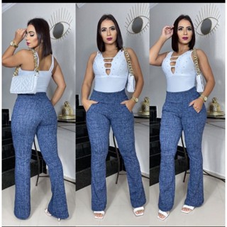 calça feminina flare social bailarina no jacquard com bolso na promoção