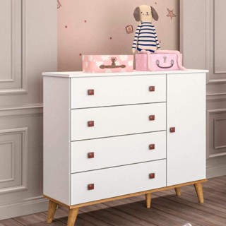 Cômoda Infantil 4 Gavetas com Fraldário Fernanda Branco Fosco com Bétula Carolina Baby