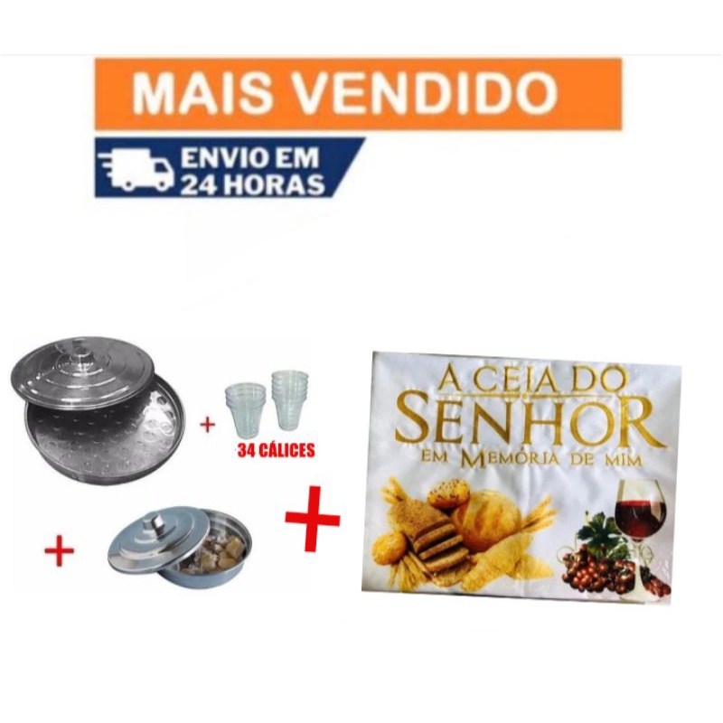 Kit Toalha Para Santa Ceia Bordada + 2 Bandeja Santa Ceia 34 Calices