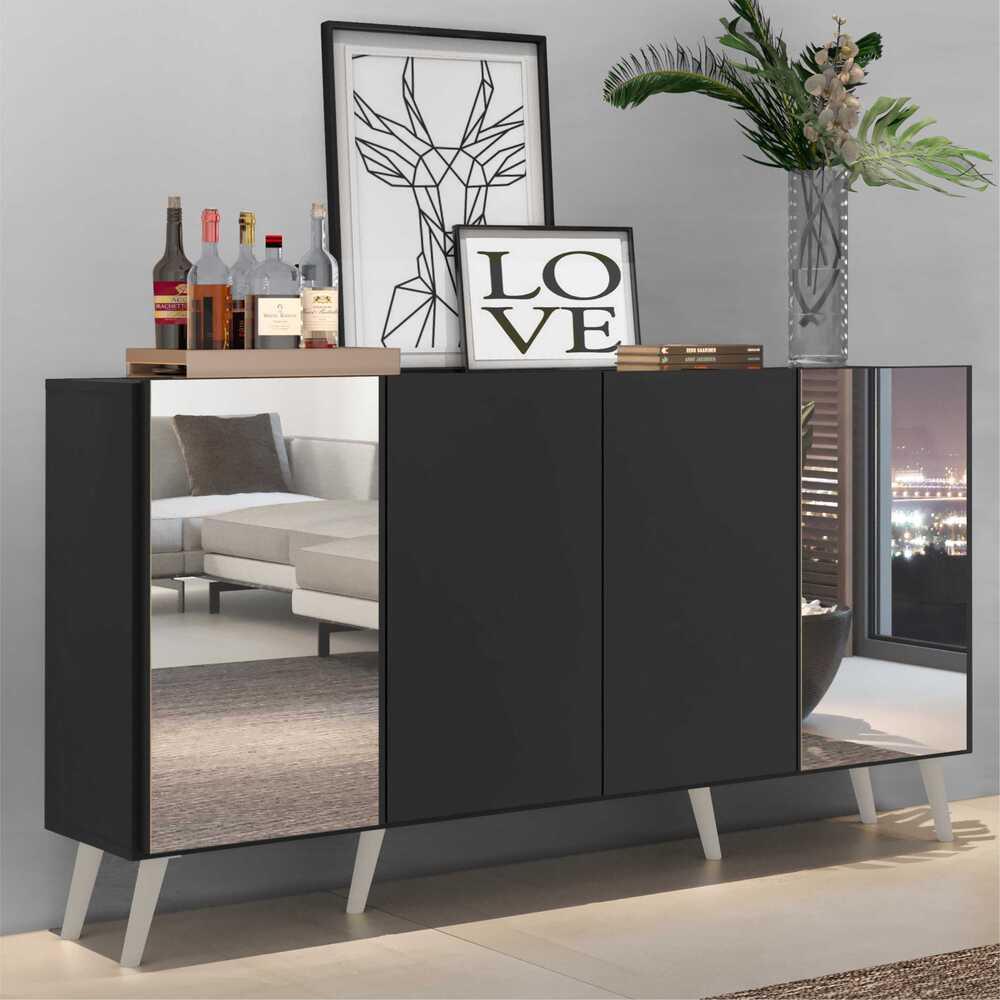 Aparador Buffet c/ Espelho e Pés Retrô Vegas Multimóveis Preto/Branco em Oferta na Shopee
