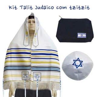 talit messiânico nacional azul com tzitzit + Bolsa + kipá judeu estrela de Davi branco bordado em Oferta na Shopee