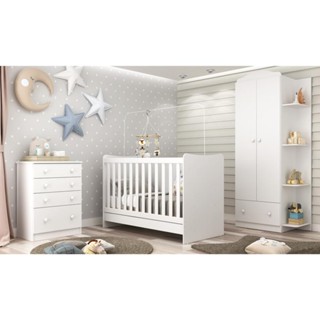 Quarto Infantil Completo João e Maria com berço 4 em 1 + Roupeiro e cômoda Branco