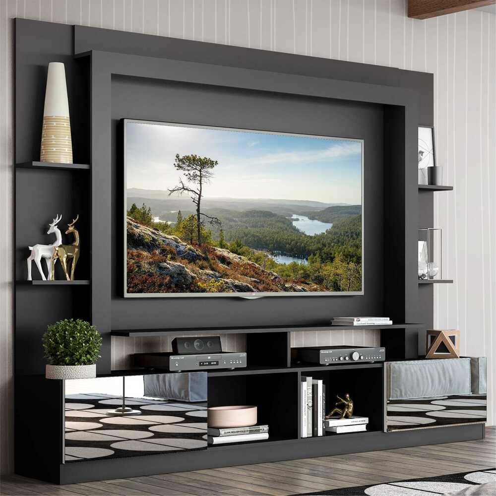 Rack c/ Painel TV 65" Portas c/ Espelho Oslo Multimóveis Preto/Branco - Home & Living