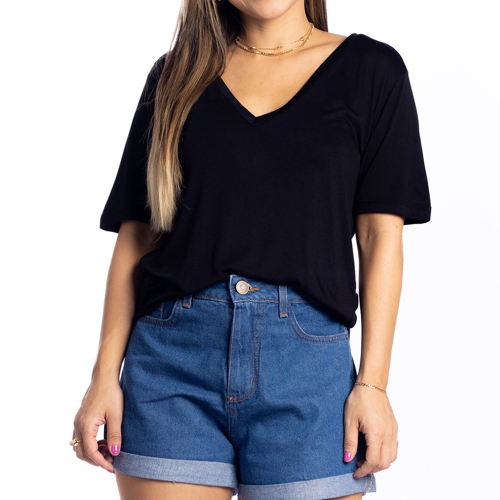 Camiseta de Malha de Viscose Gola V em Oferta na Shopee